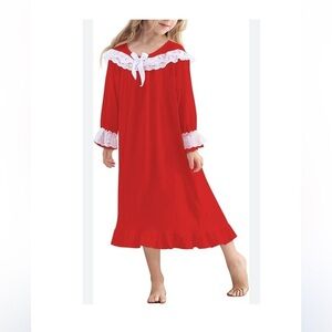 Girls Red festive long Nightgown with Lace Trim size large